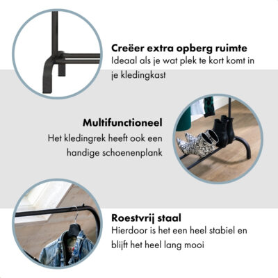 QUVIO Kledingrek met schoenen opbergruimte – 40 x 110 x 150 cm – Zwart