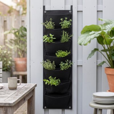 Zwarte verticale plantenhouder met meerdere vakken en groene kruiden aan een tuinwand