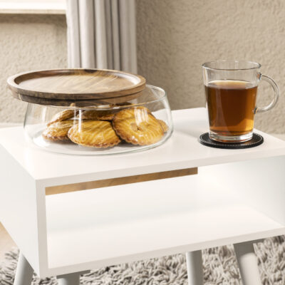 QUVIO Opbergbak met deksel – Diameter 23 cm – Glas en hout