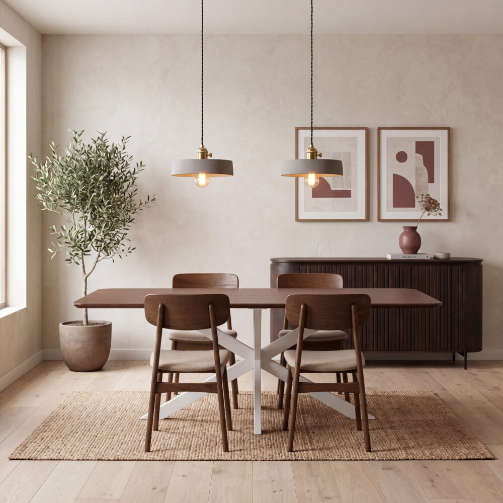 Moderne eethoek met houten eettafel, vier houten eetkamerstoelen, twee hanglampen en donker houten dressoir
