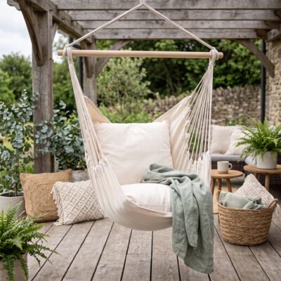 Beige hangstoel met houten stang en zacht kussen op een sfeervol houten terras met groene planten