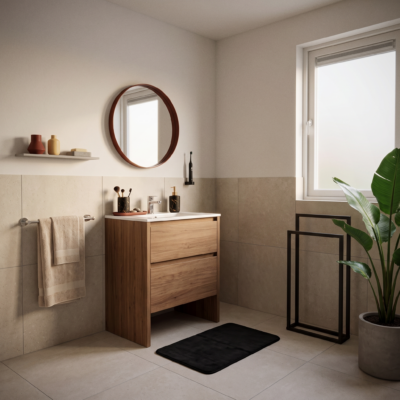 Toiletrolhouder van hout met badkameraccessoire en reserverolhouder schuin van voren verticaal geïnstalleerd aan wand links