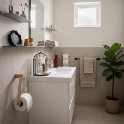 Tandenborstelhouder van kunststof met zeepdispenser en badmat schuin van voren in een moderne badkamer