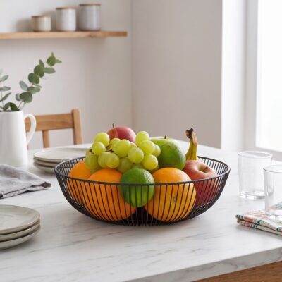 Zwarte metalen fruitschaal met druiven, appels, sinaasappels en limoenen op een licht keukenblad