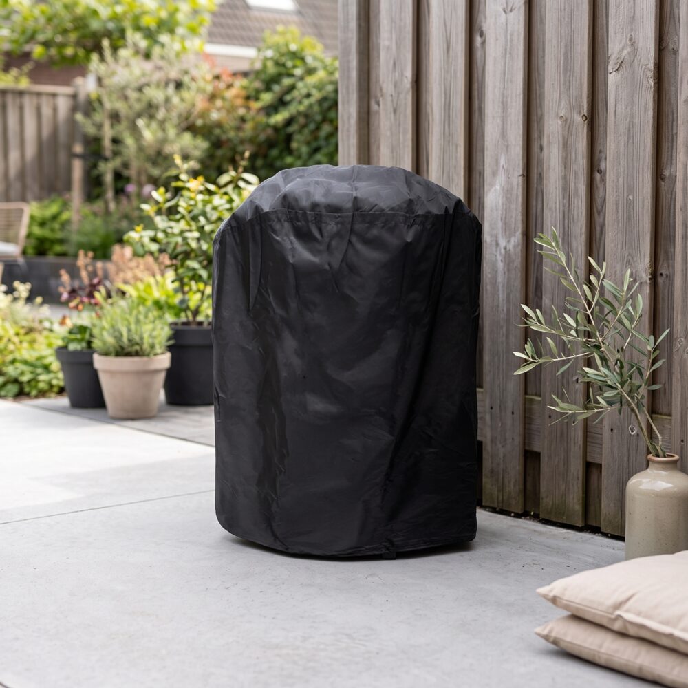 Zwarte barbecuehoes om een barbecue op een terras naast een houten schutting en tuinplanten