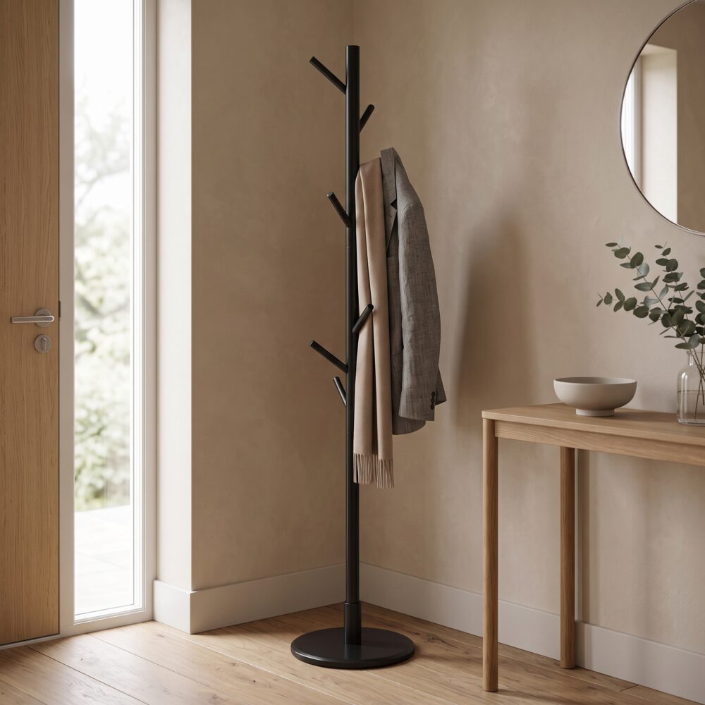 Zwarte staande kapstok met meerdere haken, jas en sjaal in een lichte hal naast een houten sidetable