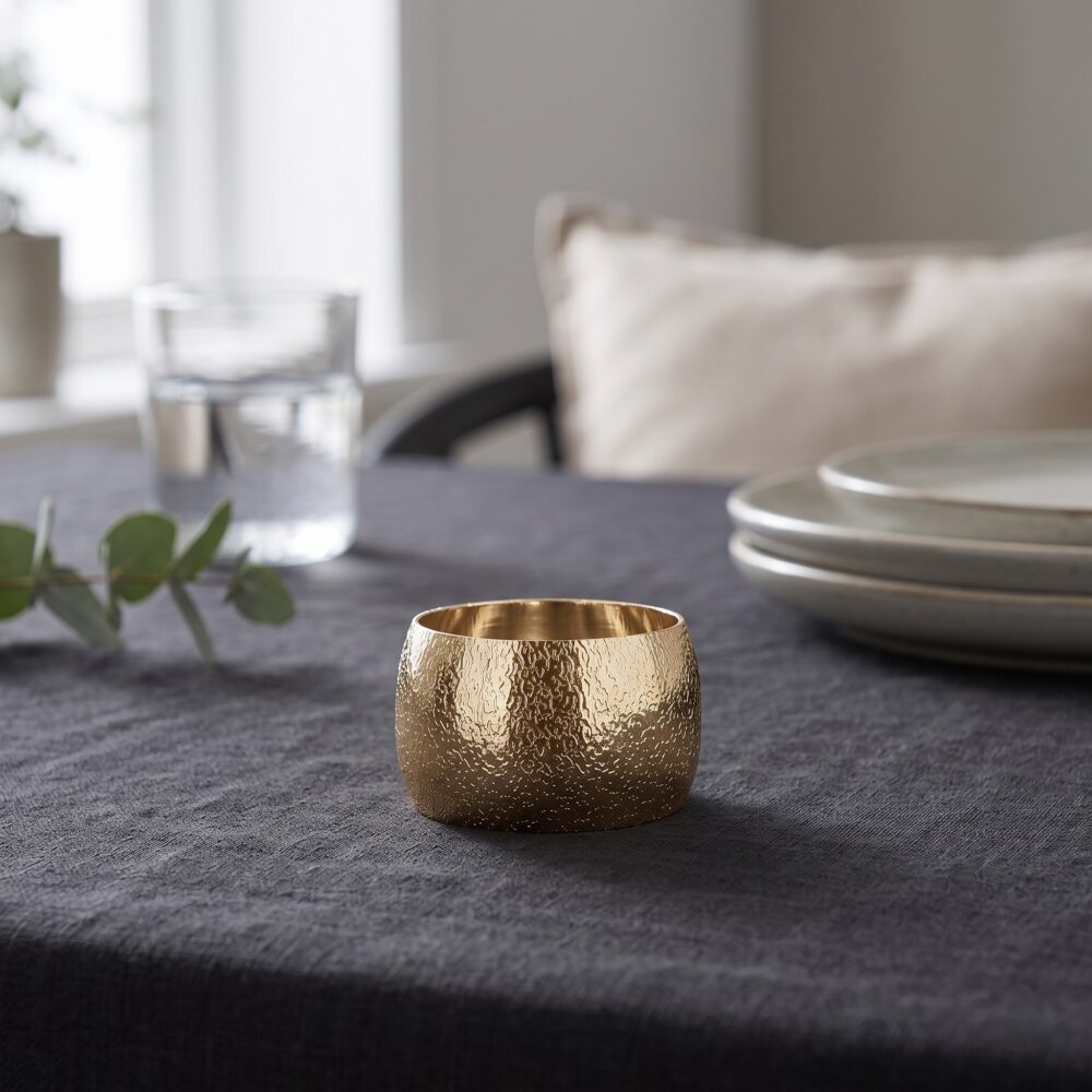 Gouden waxinelichthouder met reliëf op een donker tafelkleed naast servies en een glas water