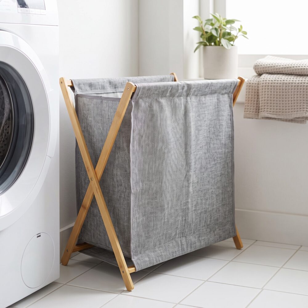 Grijze wasmand met houten frame naast een witte wasmachine in een lichte wasruimte