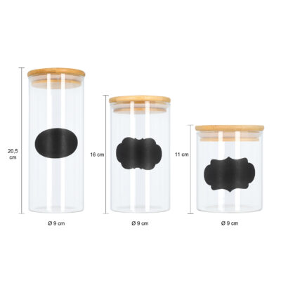 Voorraadpotten set van 3 met stickers afmetingen