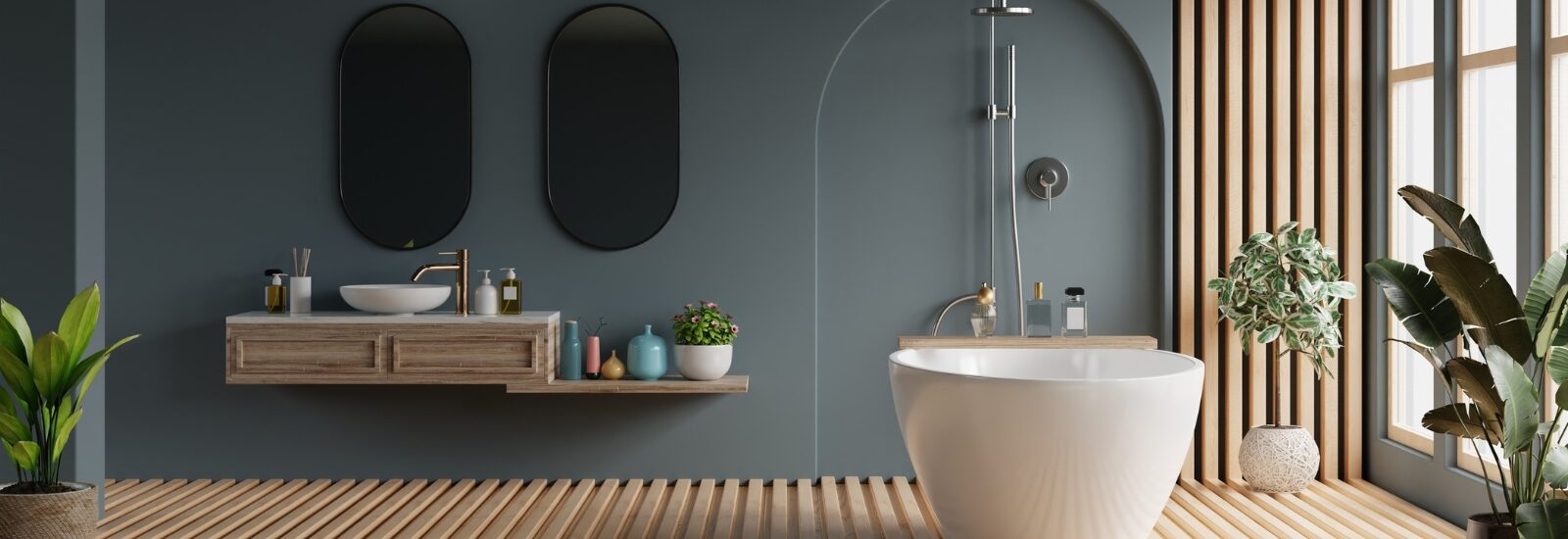 badkamer met blanco donker blauw muur voor praktische badkamer
