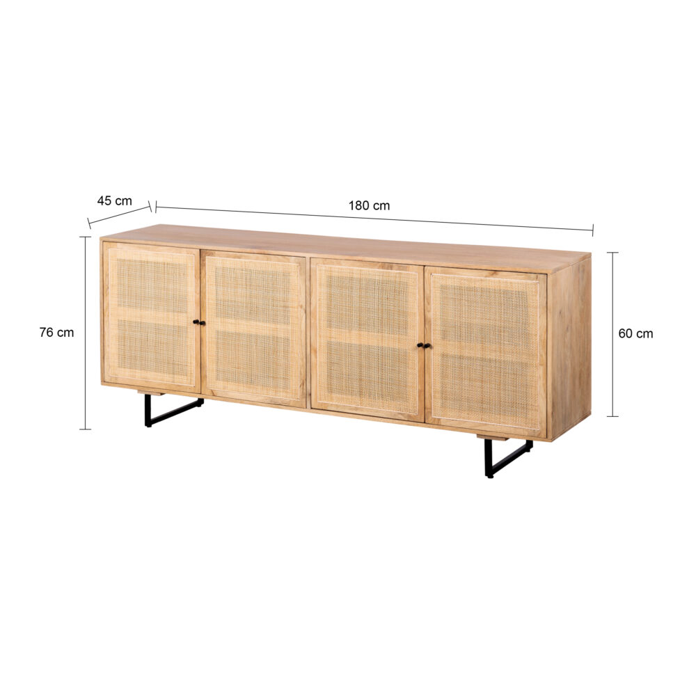 Lewis & Loft Dressoir Lucas – Met 4 deuren – FSC®-gecertificeerd mangohout – Rotan – Naturel