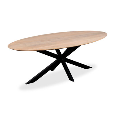 ovale eettafel, duurzame eettafel, eettafel, FSC gecertificeerd mangohout, tafel, zwarte stalen kruispoot,