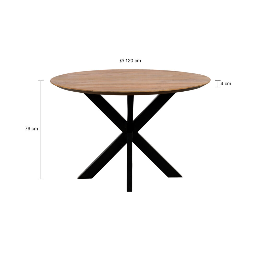 QUVIO Eettafel Sofia – Rond – Ø120 – Stalen kruispoot – FSC®-gecertificeerd mangohout – Naturel