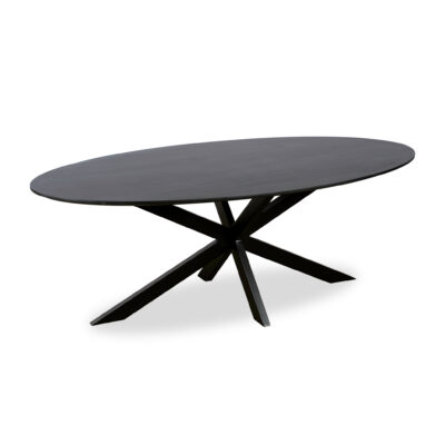 eettafel, ovale eettafel, tafel, stalen kruispoot, FSC gecertificeerd mangohout, mangohout eettafel, zwarte eettafel, eettafel ovaal,