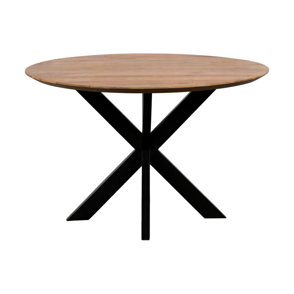 QUVIO Eettafel Sofia – Rond – Ø120 – Stalen kruispoot – FSC®-gecertificeerd mangohout – Naturel