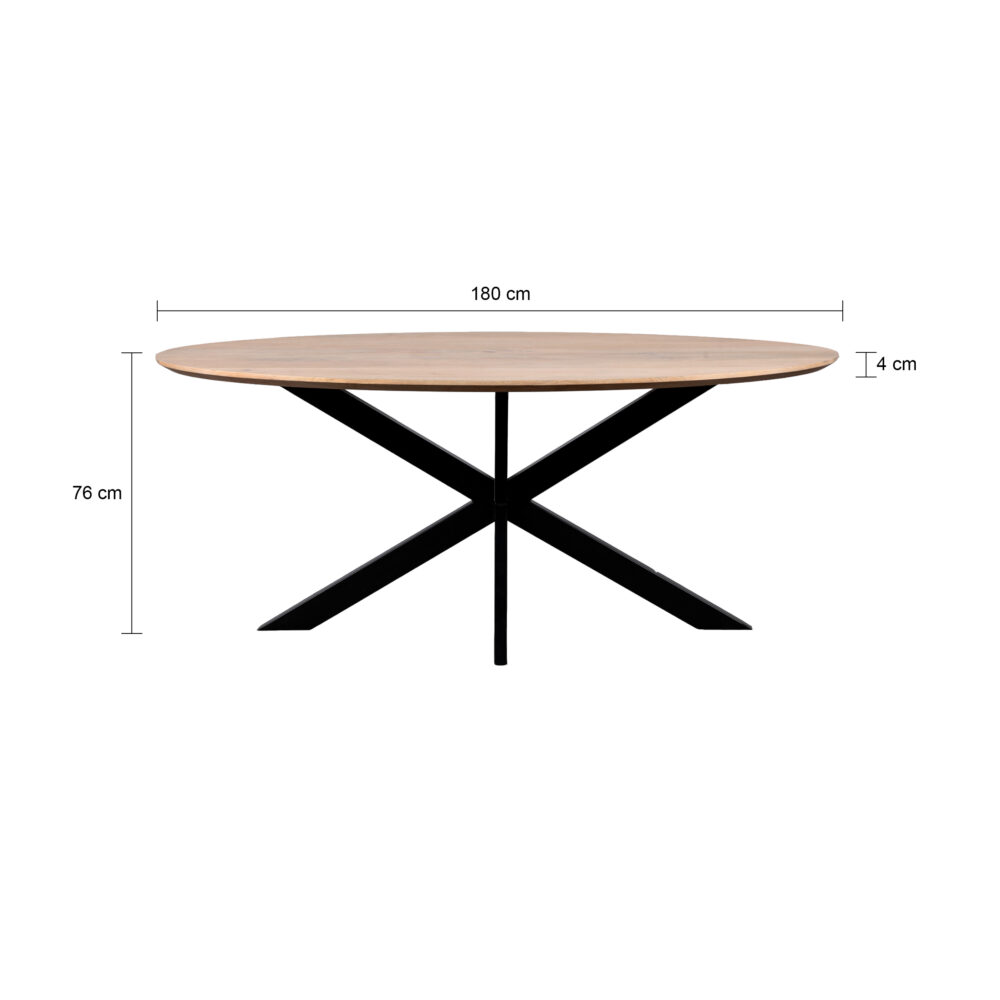 QUVIO Eettafel Sofia– Ovaal – 180×90 cm – Stalen kruispoot – FSC®-gecertificeerd mangohout – Naturel