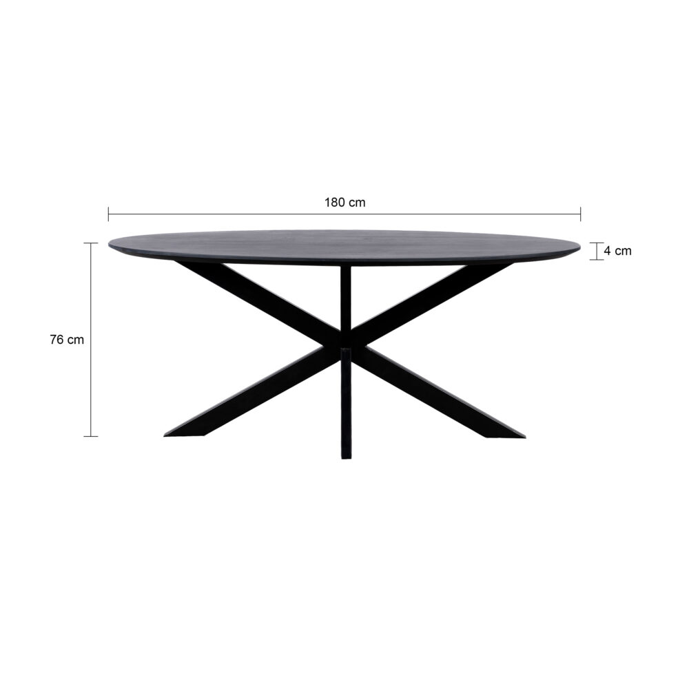 QUVIO Eettafel Sofia– Ovaal – 180×90 cm – Stalen kruispoot – FSC®-gecertificeerd mangohout –  Zwart