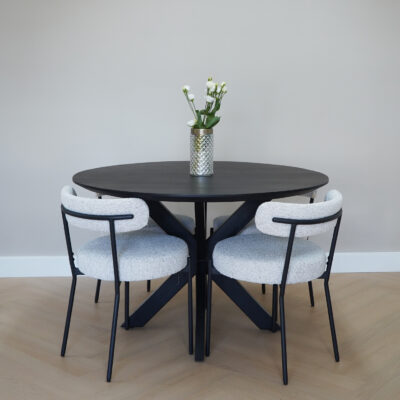 QUVIO Eettafel Sofia – Rond – Ø120 – Stalen kruispoot – FSC®-gecertificeerd mangohout – Zwart