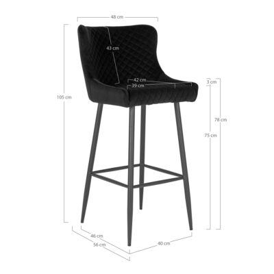 QUVIO Barstoel Miami – Luxe fluweel – Zwart – Stalen poten – 75 cm zithoogte