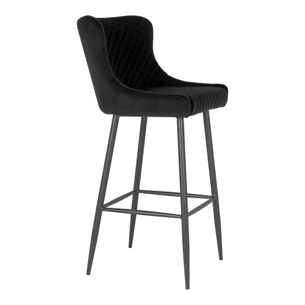 QUVIO Barstoel Miami – Luxe fluweel – Zwart – Stalen poten – 75 cm zithoogte