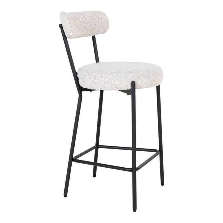 QUVIO Barkruk Barcelona – Witte Bouclé Bekleding – Zwarte Stalen Poten
