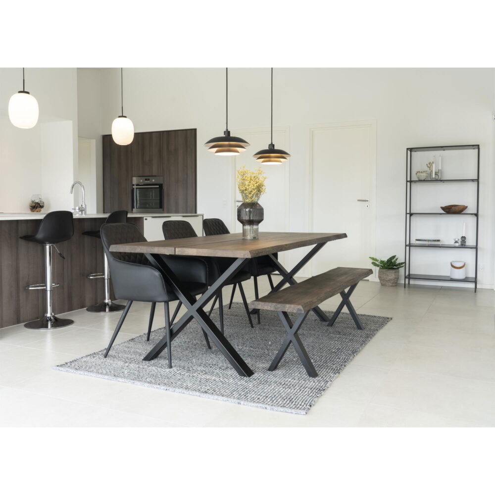 QUVIO Eikenhouten Bankje – Golvende Rand – Zwarte Stalen Poten – 180x32x46 cm