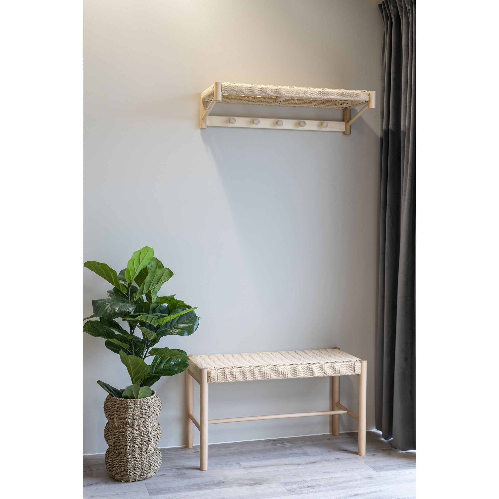 QUVIO Bankje Madrid – Populierenhout – Gevlochten zitting – 35x80x45 cm – Natuurlijk