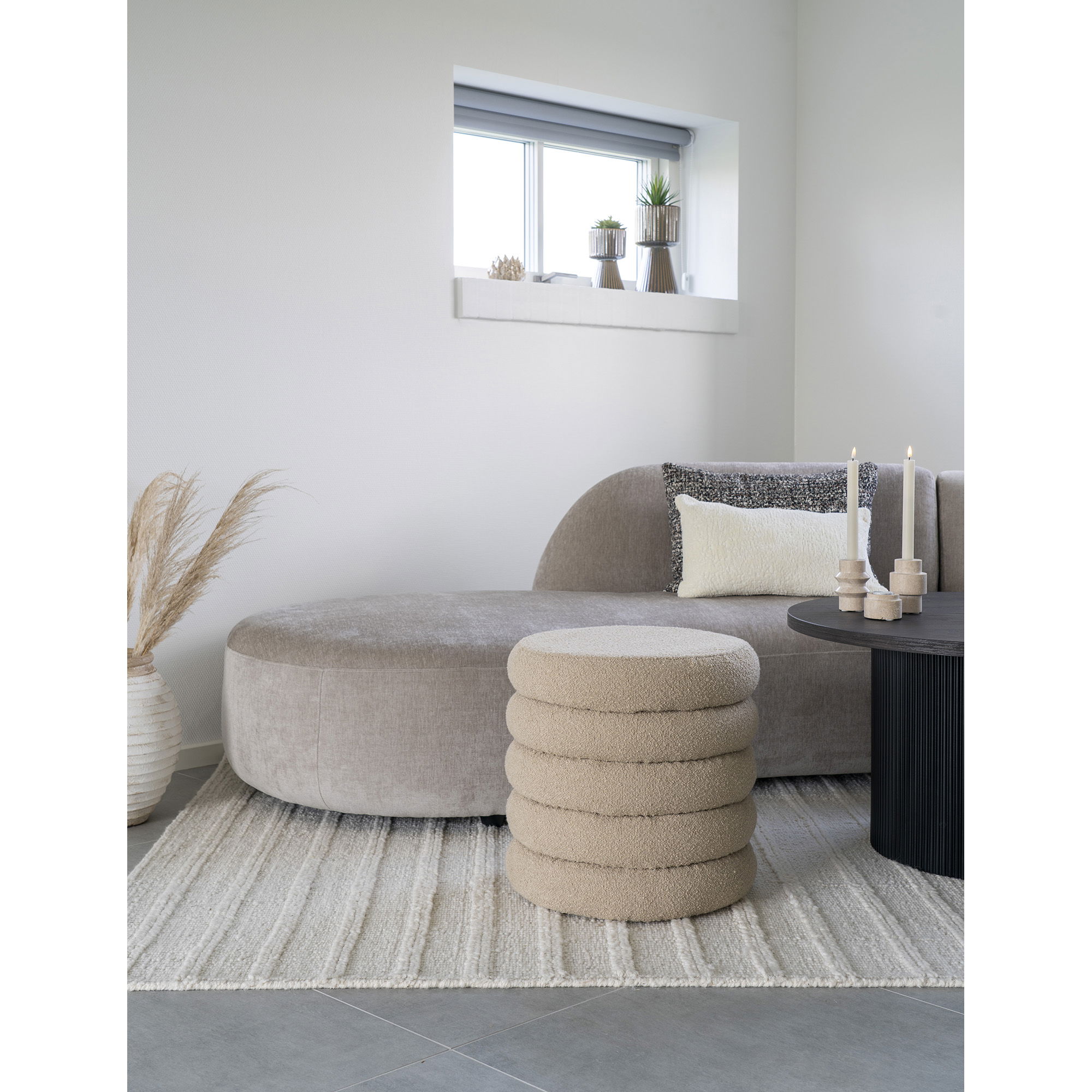 QUVIO Poef Brooklyn – Beige Bouclé – Ø44 cm – Met Opbergruimte