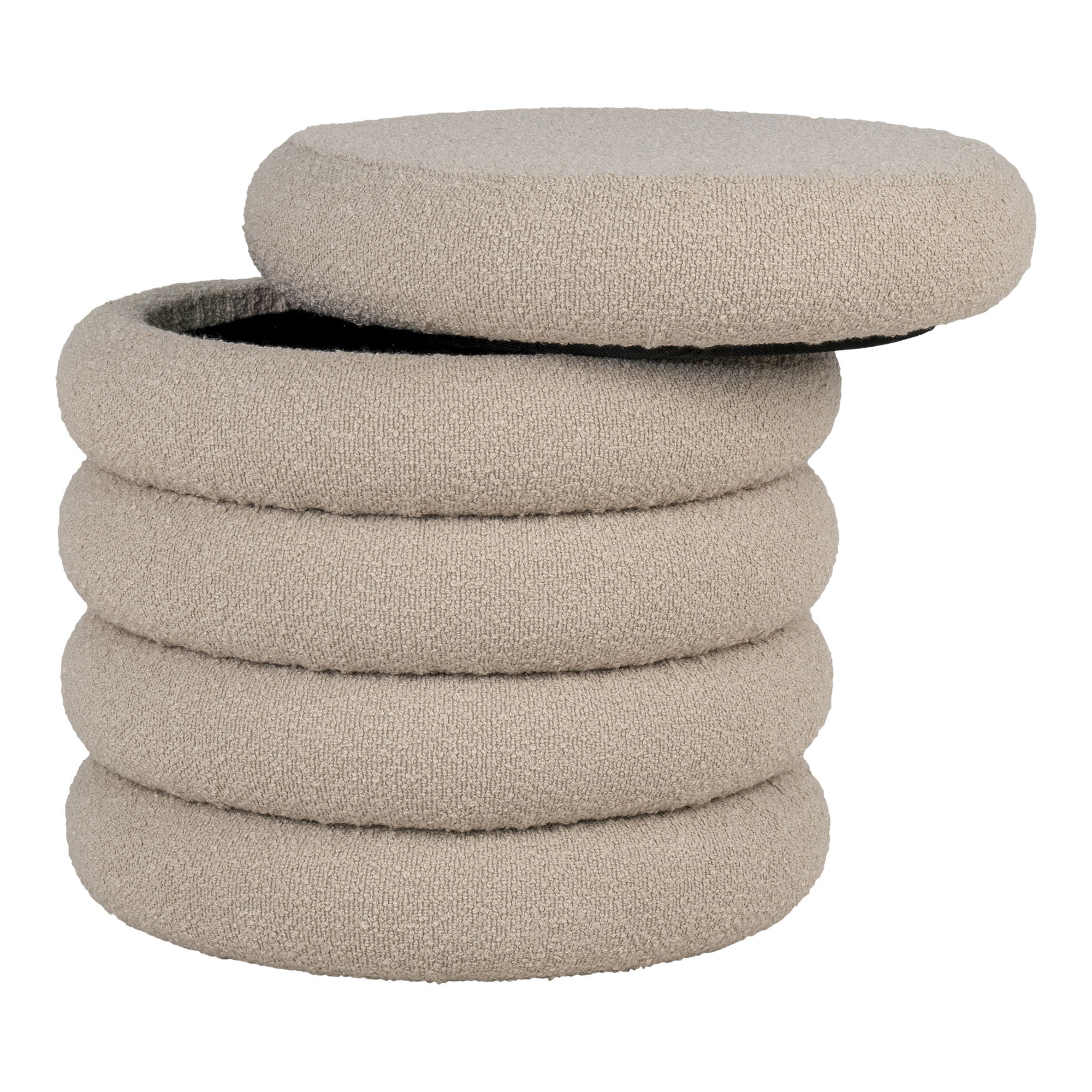QUVIO Poef Brooklyn – Beige Bouclé – Ø44 cm – Met Opbergruimte