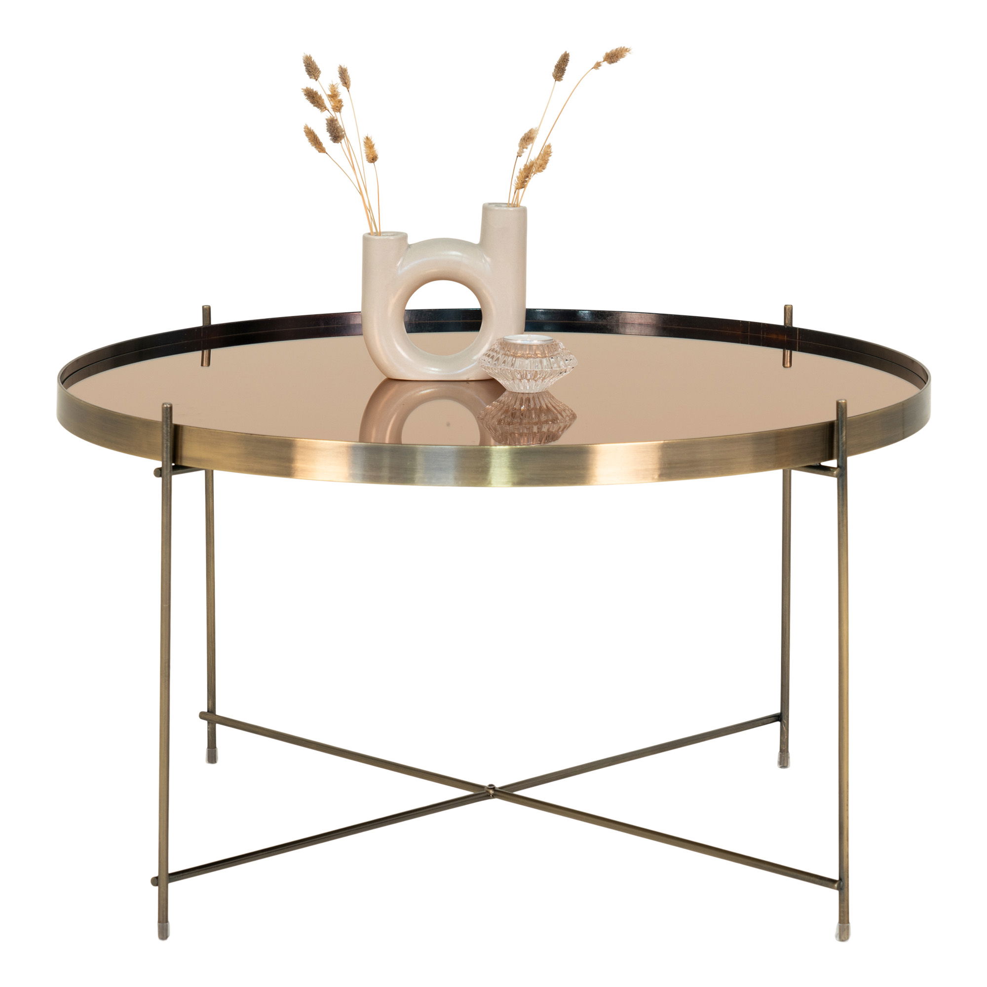 QUVIO Salontafel – Messingkleurig Staal en Glas – Ø70 x h40 cm