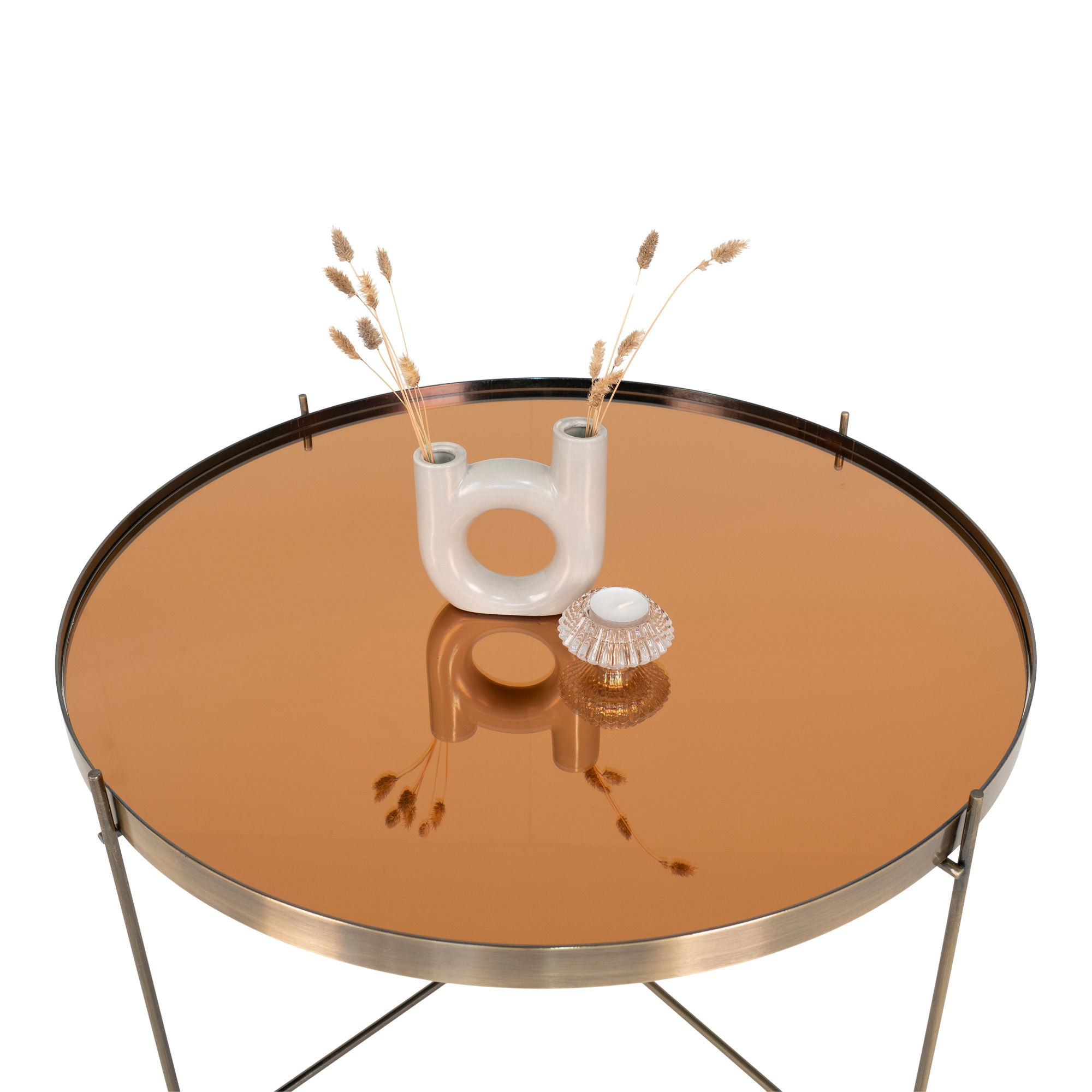 QUVIO Salontafel – Messingkleurig Staal en Glas – Ø70 x h40 cm