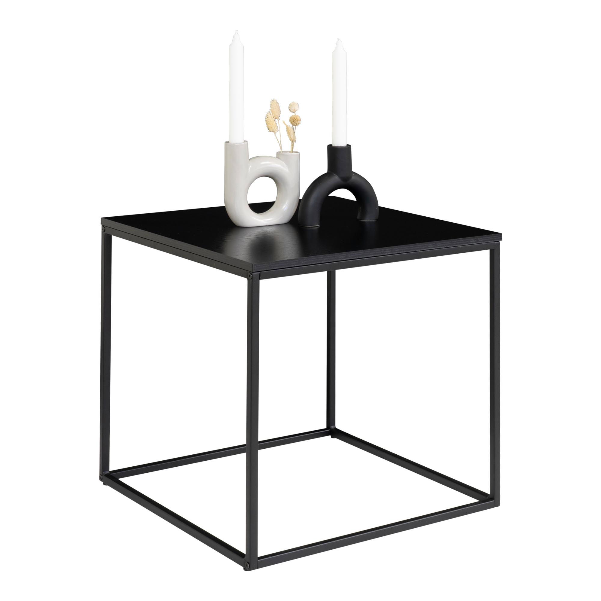 QUVIO 3-zitsbank Rochester – Witte teddy stof – Scandinavisch design – Zwarte metalen poten