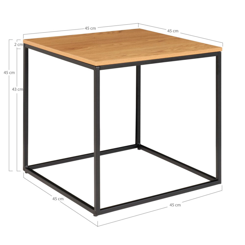QUVIO Bijzettafel Gothenburg – Eikenhouten Look – Zwart Stalen Frame – 45x45x45 cm