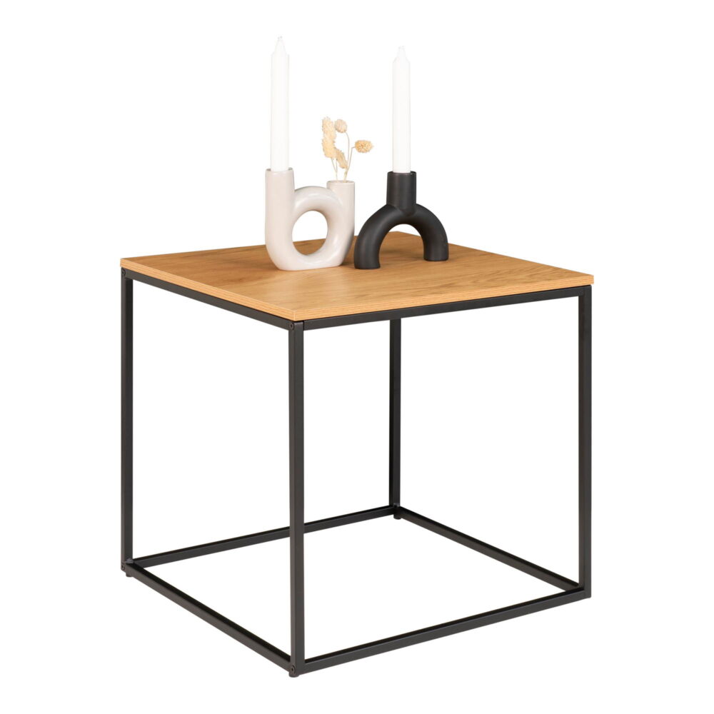 QUVIO Bijzettafel Gothenburg – Eikenhouten Look – Zwart Stalen Frame – 45x45x45 cm