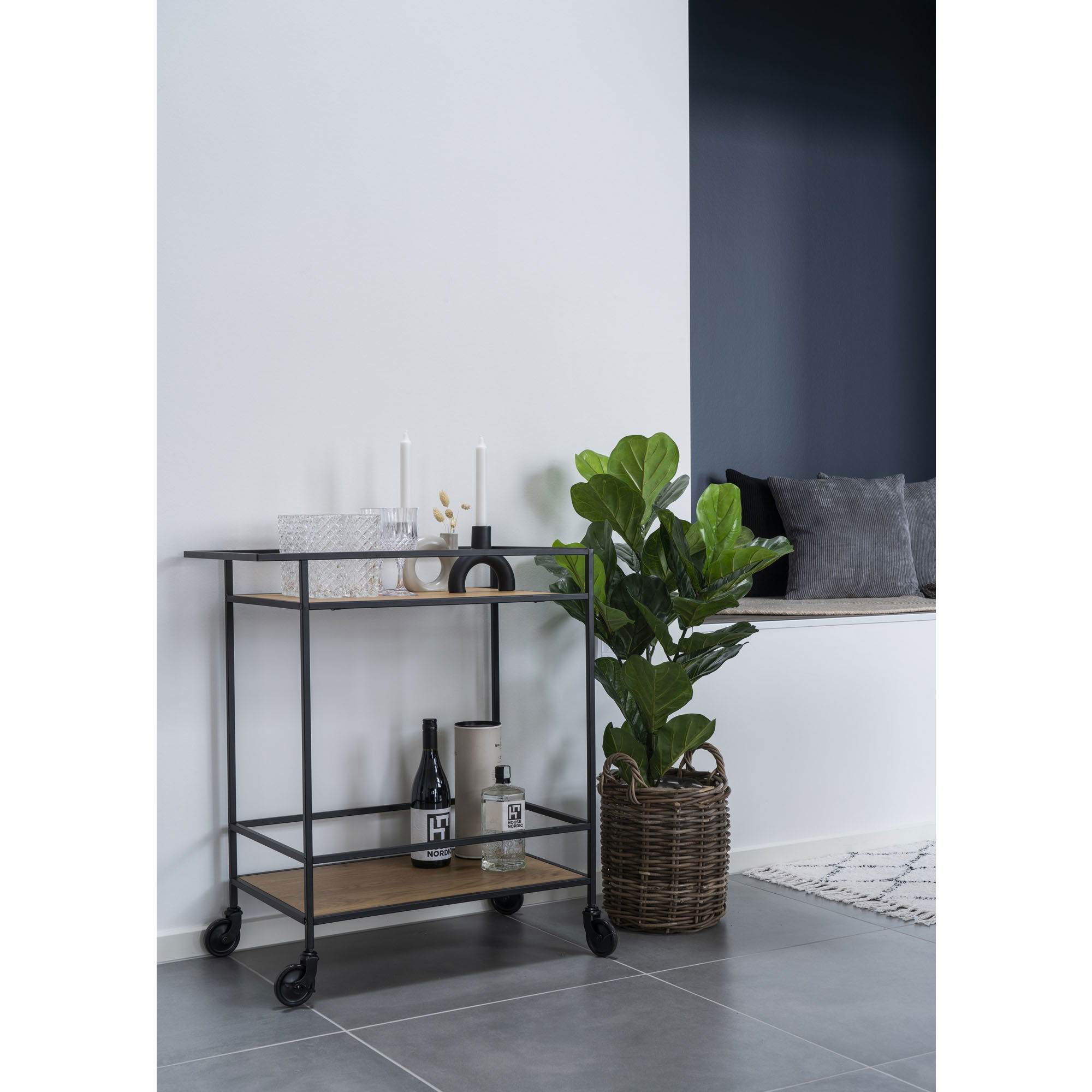 QUVIO Serveerwagen – Stijlvol en Duurzaam – Eikenhouten Look – Zwart Frame