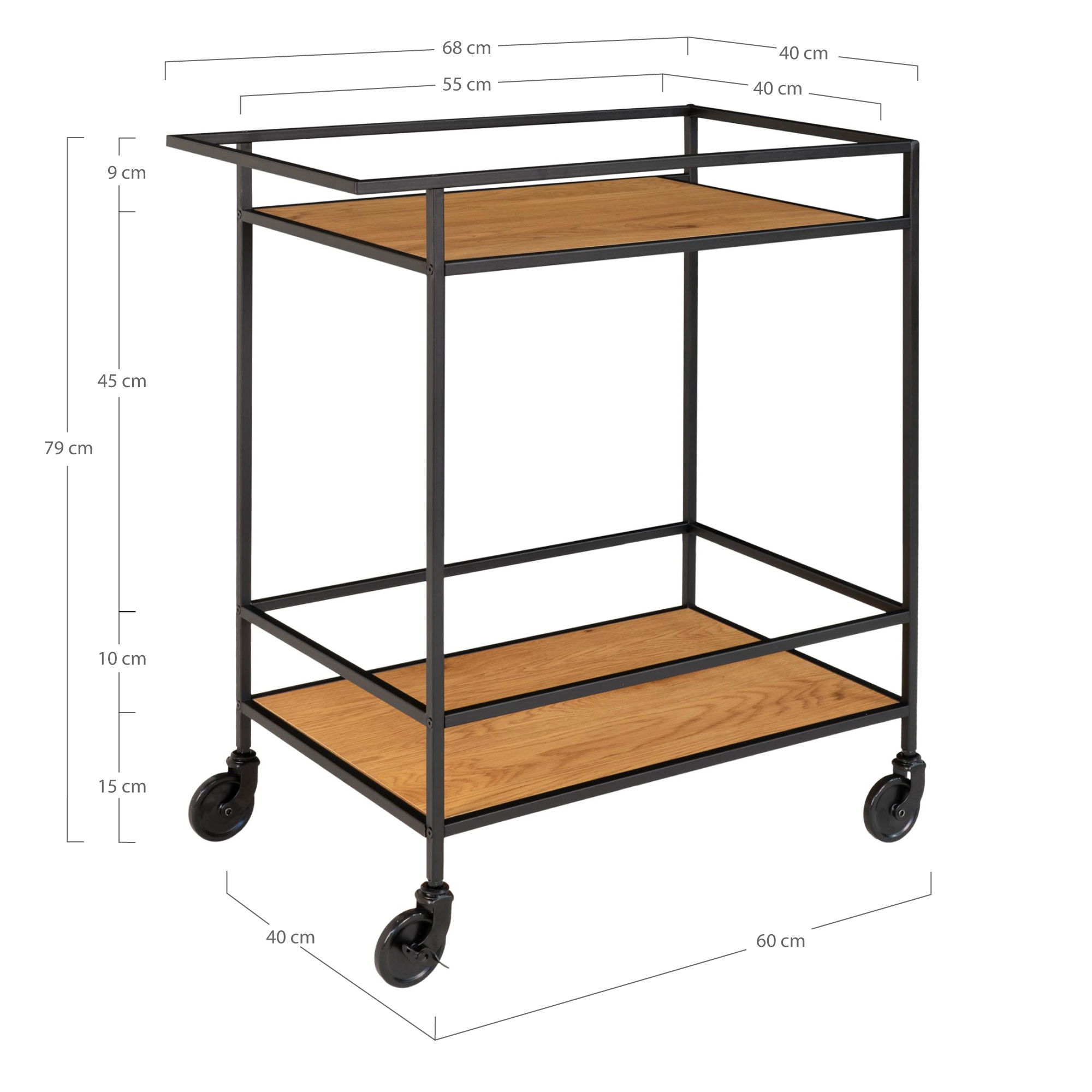 QUVIO Serveerwagen – Stijlvol en Duurzaam – Eikenhouten Look – Zwart Frame