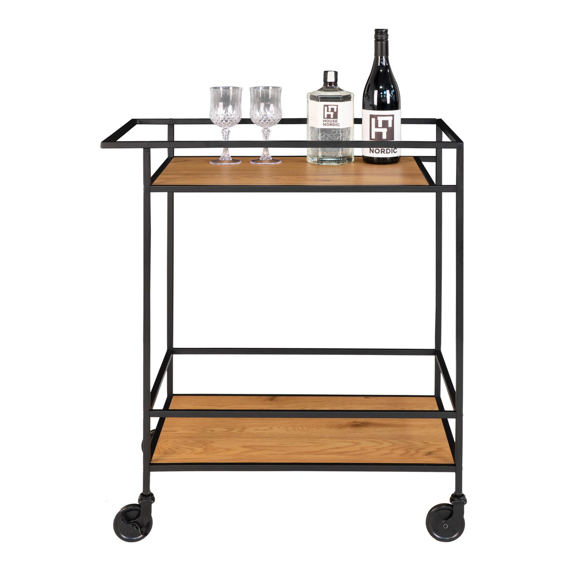 QUVIO Serveerwagen – Stijlvol en Duurzaam – Eikenhouten Look – Zwart Frame