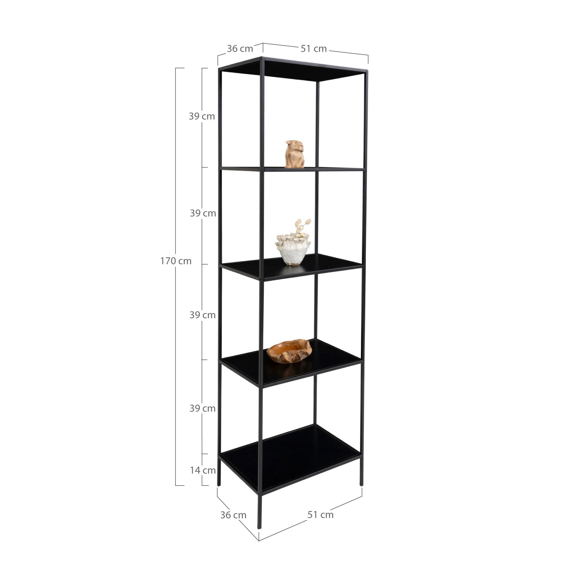 QUVIO Wandkast Gothenburg – Zwart – 5 planken – Staal en Spaanplaat – 51x36x170 cm