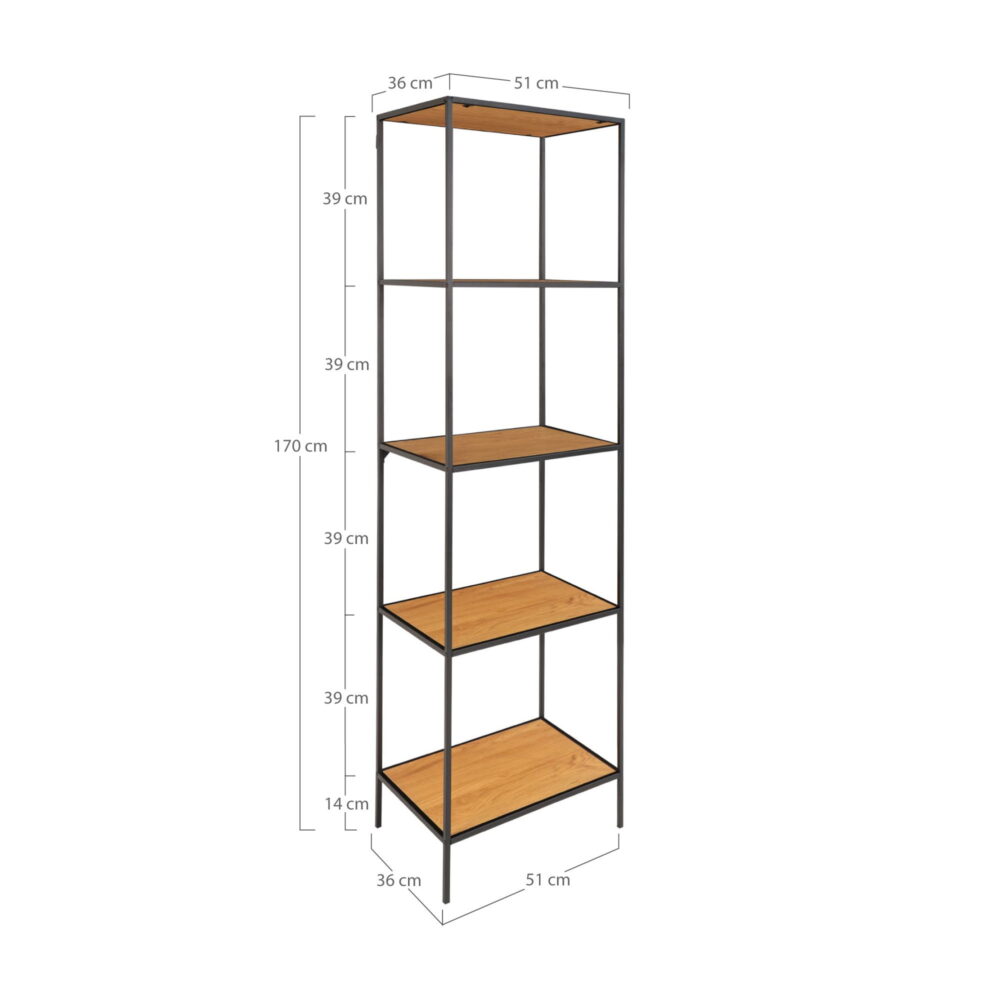 QUVIO Wandkast Gothenburg – Eikenhouten look – Zwart frame – 5 planken – 51x36x170 cm