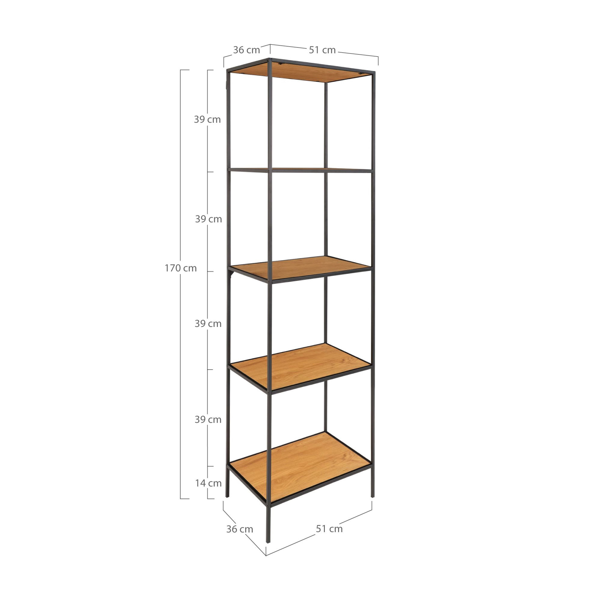 QUVIO Wandkast Gothenburg – Eikenhouten look – Zwart frame – 5 planken – 51x36x170 cm