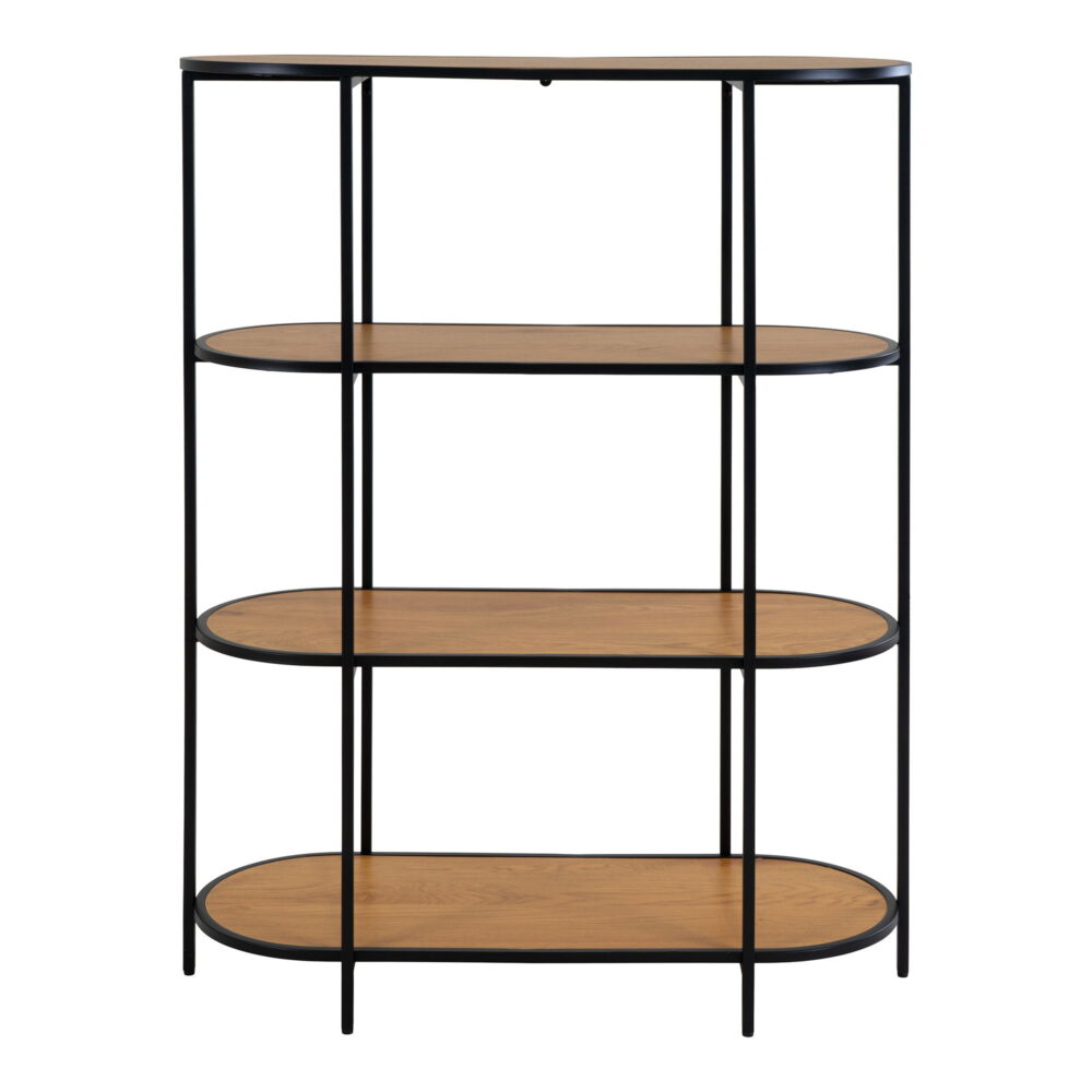 QUVIO Wandkast Gothenburg – Ovale vorm – 4 planken – Eikenhouten look – Zwart frame