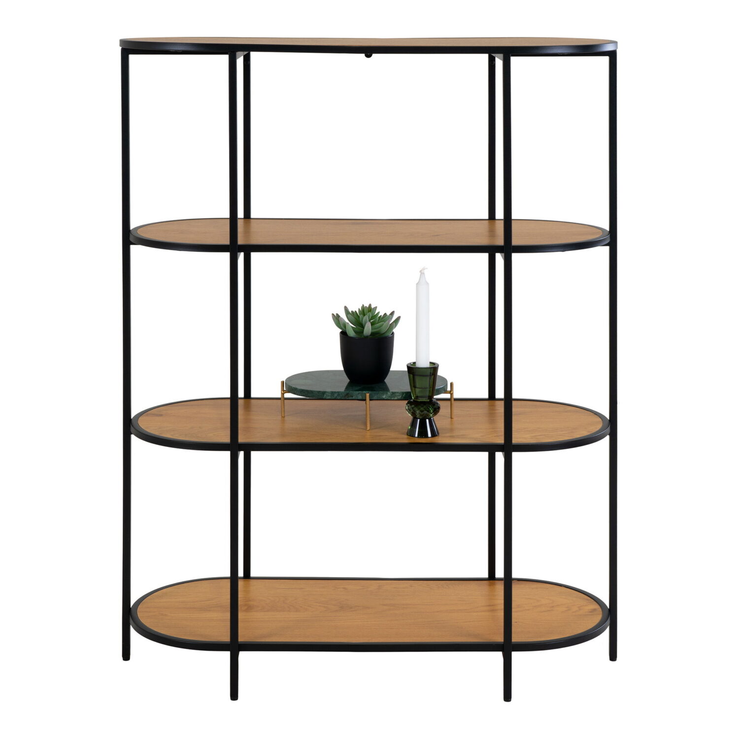 QUVIO Wandkast Gothenburg – Ovale vorm – 4 planken – Eikenhouten look – Zwart frame