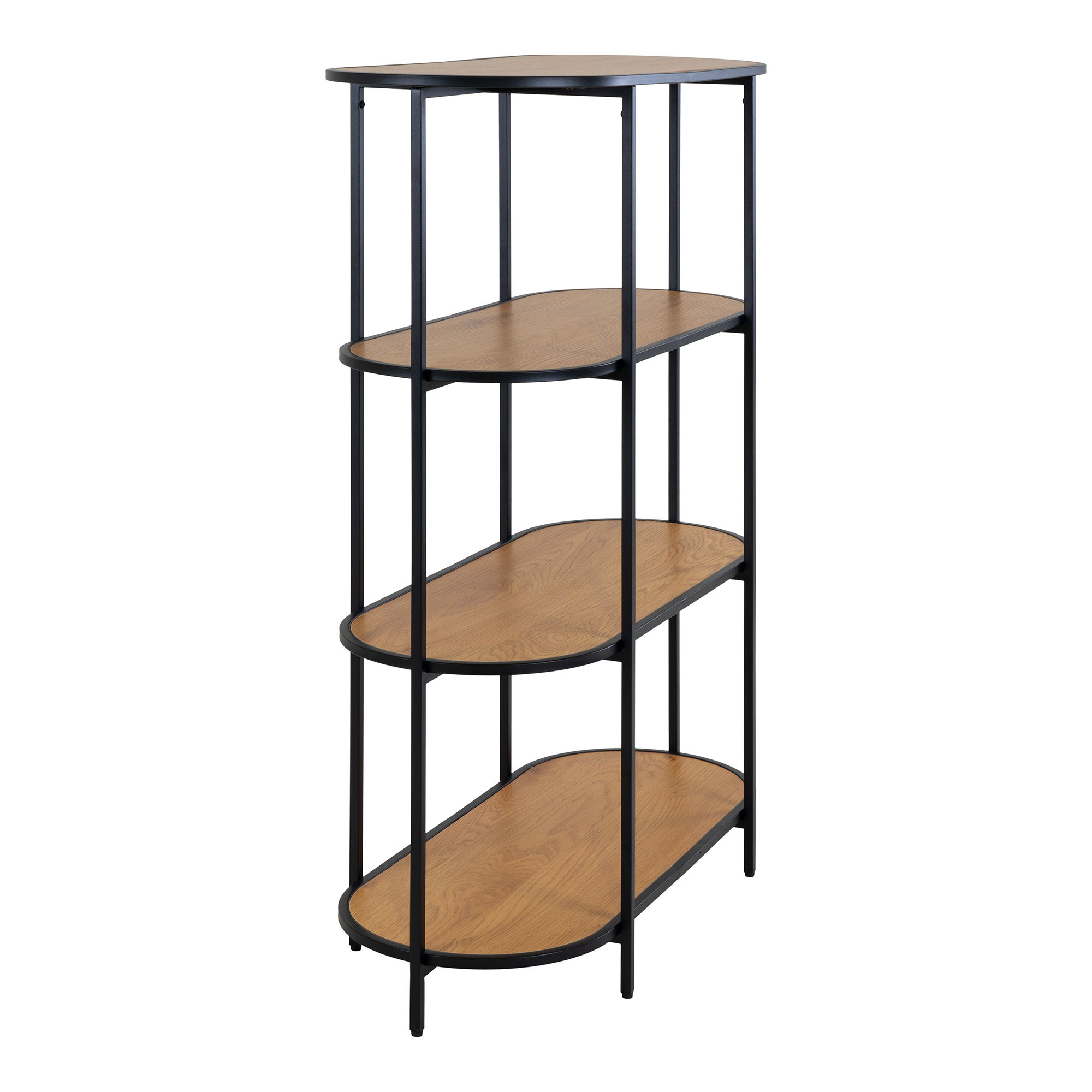 QUVIO Wandkast Gothenburg – Ovale vorm – 4 planken – Eikenhouten look – Zwart frame