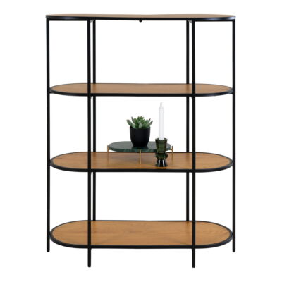 QUVIO Wandkast Gothenburg – Ovale vorm – 4 planken – Eikenhouten look – Zwart frame