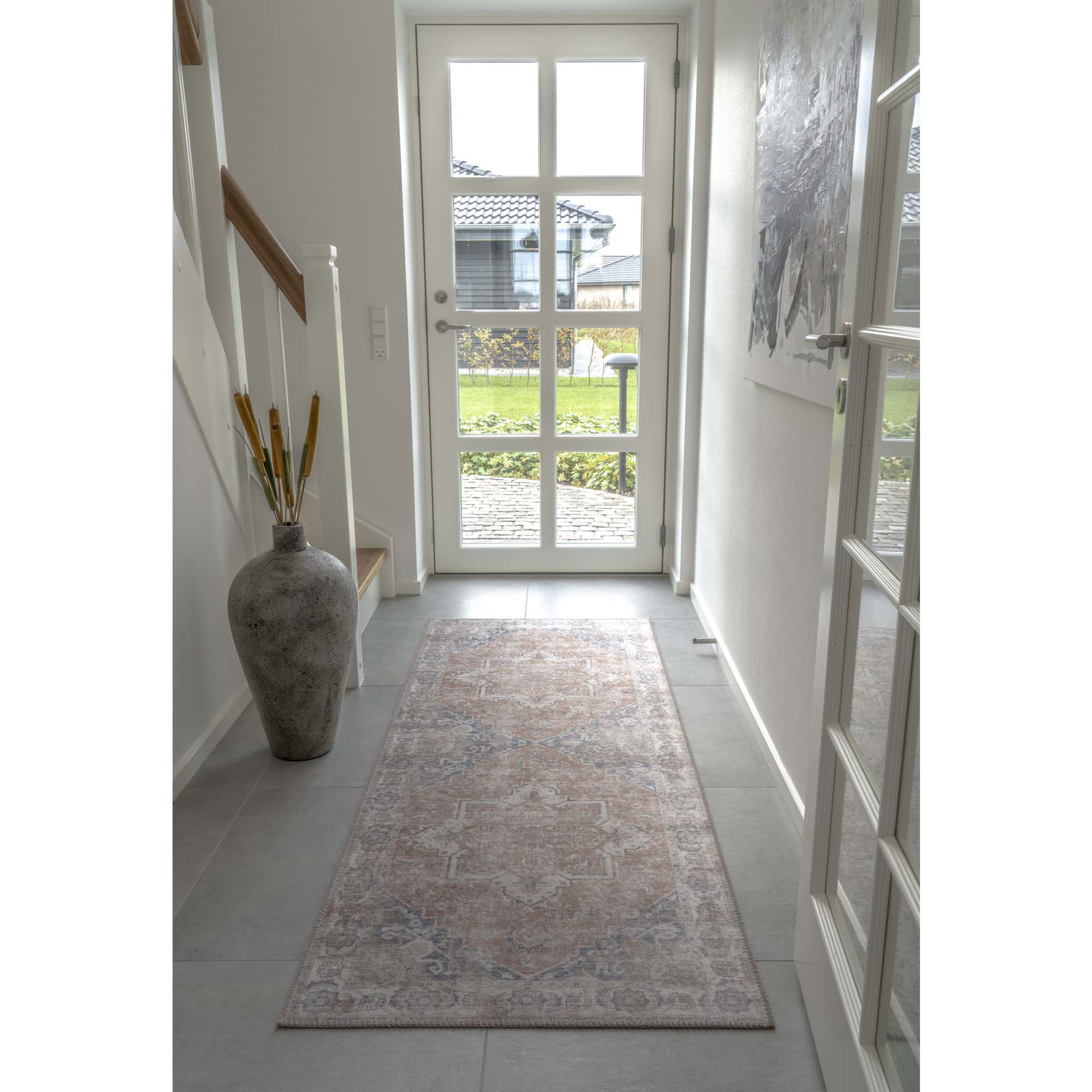 QUVIO Oranje hal vloerkleed – 80×200 cm – Polyester – Oranje/Blauw