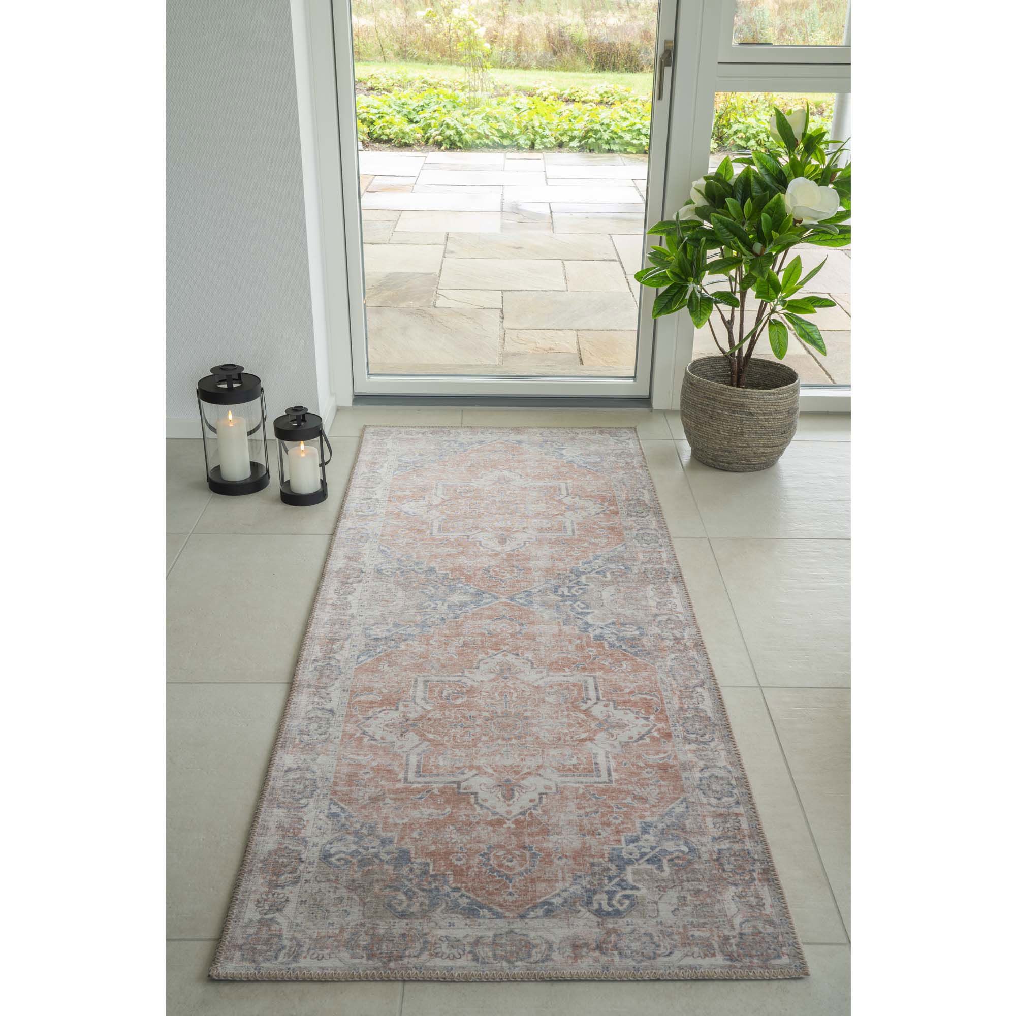 QUVIO Oranje hal vloerkleed – 80×200 cm – Polyester – Oranje/Blauw