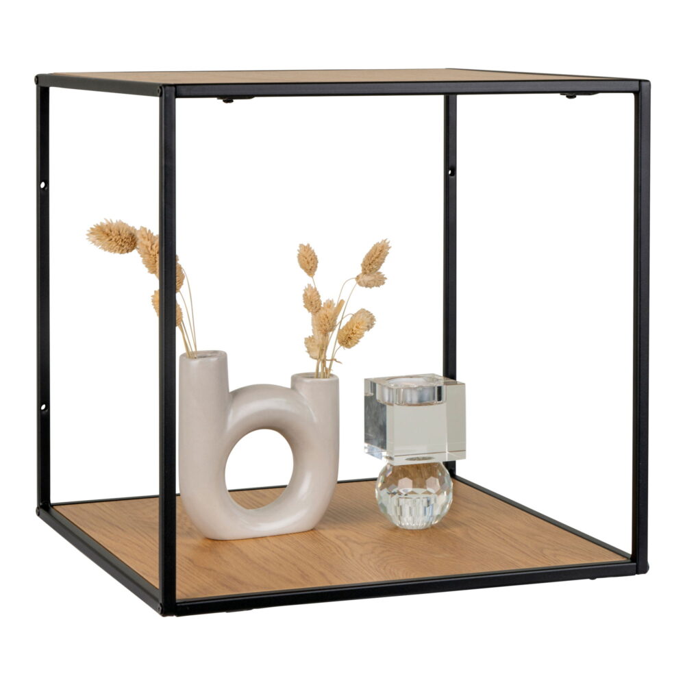 QUVIO Wandplank Gothenburg – Eikenhouten look – Zwart frame – 36x36x36 cm