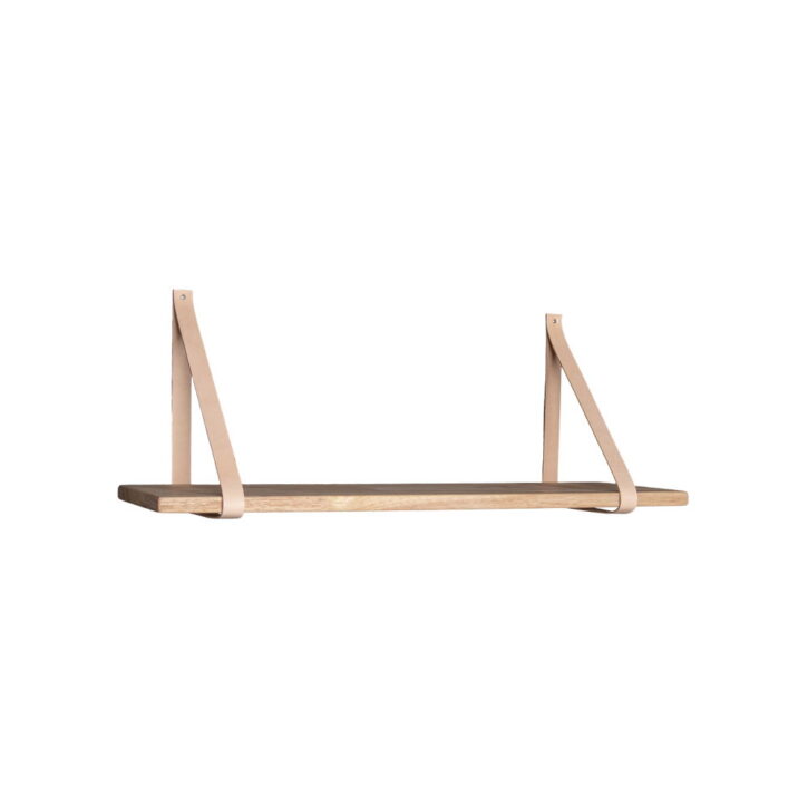 QUVIO Wandplank – Rubberhout en Leer – 80×20 cm – Bruin