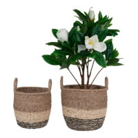 QUVIO Opbergmanden – Zeegras – Naturel/Bruin/Zwart – Ø28/33 cm –  Set van 2
