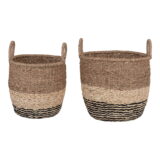 QUVIO Opbergmanden – Zeegras – Naturel/Bruin/Zwart – Ø28/33 cm –  Set van 2